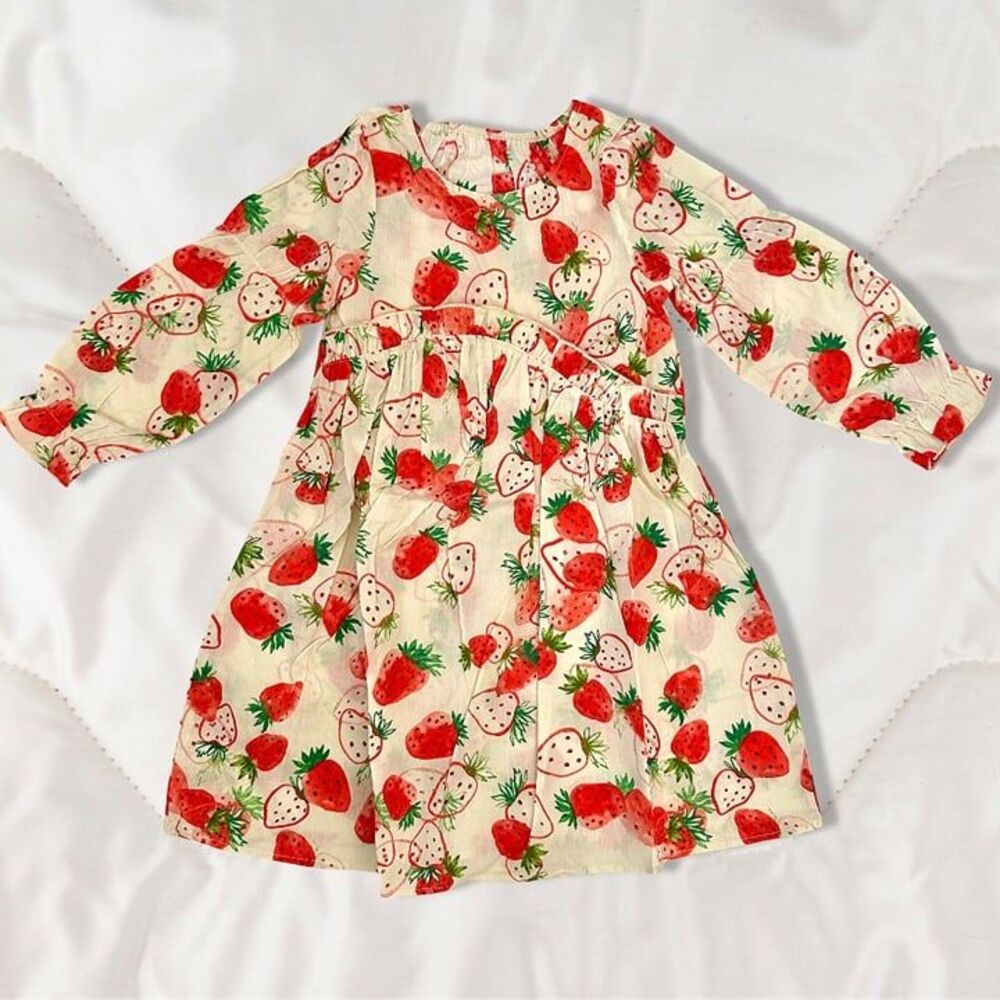 New Pink Strawberry Print Long Sleeve Round Neck Summer Dress Size 6/7 Years